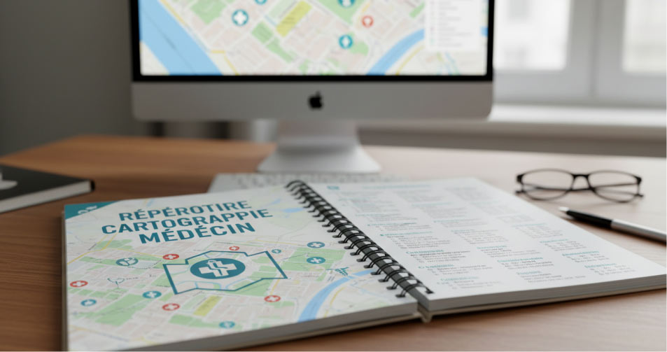 Une photo en gros plan d'un bureau en bois avec un carnet ouvert au premier plan. Le carnet affiche le titre « RÉPÉROTIRE CARTOGRAPPIE MÉDECIN » avec une carte et des symboles médicaux. En arrière-plan, un écran d'ordinateur flou montre une carte similaire, accompagné d'une paire de lunettes et d'un stylo sur le côté.